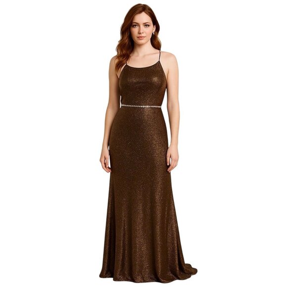Bronze Shimmer Gown Rhinestone Waist Slip Dress Sleek Hollywood Glam VTG Cache 8 - Picture 1 of 12